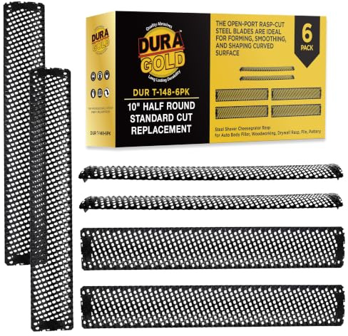 Dura-Gold 10-Inch Half Round Standard Cut Replacement Blade, Pack of 6 - Steel Shaver Cheesegrater Rasp for Auto Body Filler, Dent Repairs, Wood Fiberglass - Shaping Curved Surfaces Hand Plane Scraper