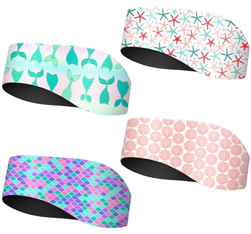 4 Pieces Kids Swimming Headband Adjustable Toddler Swimmer's Headband Waterproof Water Ears Band 24 Inch Mermaid Tail Shell Starfish Kids Swimming Ear Covers for Ear Protection