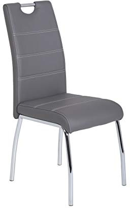 Hela Tische, 1ner Pack Esszimmerstuhl Susi, Bezug Kunstleder Grau, Chromgestell, Lehne mit Griff, 120kg belastbar