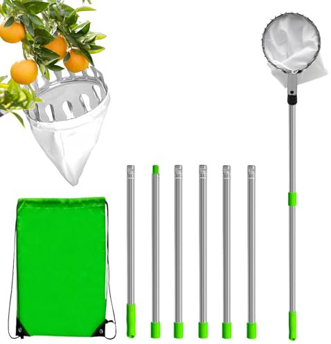 TOATELU Recogedor de frutas de 2,4 m con mango telescópico: recogedor de manzanas con bolsa de algodón de 16 cm de diámetro, recogedor de cerezas con bolsa de almacenamiento, ayuda ajustable para