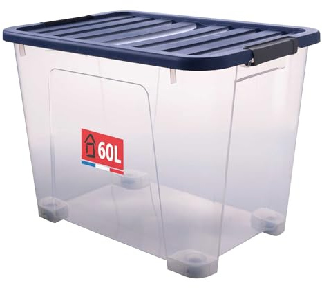 SUNDIS Wave Box, boîte de Rangement avec Couvercle clipsable 60l, en Plastique Transparent, superposable et empilable, idéale pour Ranger la Chambre, Les Jouets, Le Bureau, Le Grenier ou Le Garage