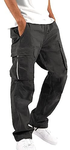 Cargo-Stretch-Hose für Herren, Arbeitshose mit Reißverschlusstaschen, lockere Passform, elastische Taille, Kordelzug, leicht, Kampfhose, normale Passform, Kordelzughose, Trainingshose, Schwarz , XL