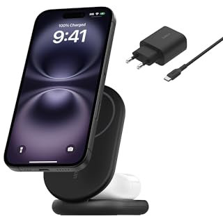 Belkin BoostCharge Cargador Magnético Plegable Qi2 15W, Estación de Carga Inalámbrica Compatible con MagSafe, Carga Rápida para iPhone 17, Air, Pixelsnap, Base con Soporte Antideslizante - Negro