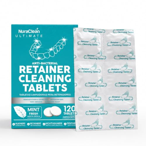 NuraClean Ultimate Retainer Cleaning Tablets Mint Fresh Removes Stains, Deposits, Odor, Safe for Retainers, Aligners, Dentures, Dentures, Dental Protection, 120 Tablets, Fast 15 Minute