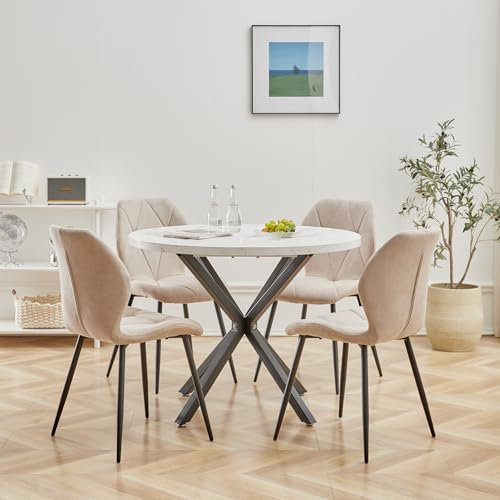 DEYARNA HOME Essgruppe 5-Teilig, 100cm Runder Esstisch und 4 Leinen-Esszimmerstühle, Esstisch und Stühle für 4 Personen, 4 Stühle & Tisch für Küche, Esszimmer und Wohnzimmer (Weiß/Schwarz+Khaki)