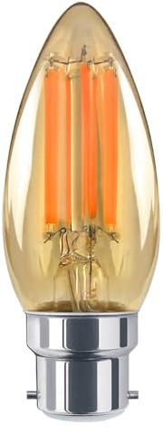 Long Life Lamp Company 6w Vintage LED Candle Light Bulb Bayonet B22 Dimmable Amber Glass 1800k Filament