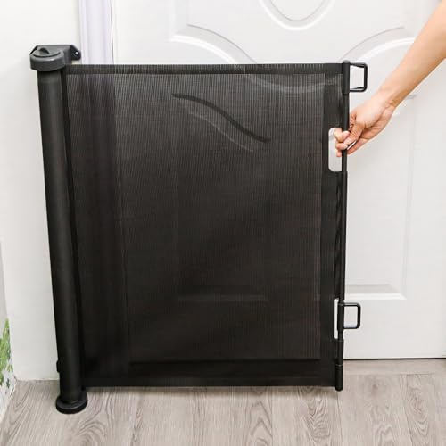 Barrera de seguridad retráctil de 0 a 150 cm para bebés y perros, barrera de seguridad, escalera de 86 cm de alto, barrera de seguridad infantil reubicable y enrollable, 86 x 150 cm, color negro