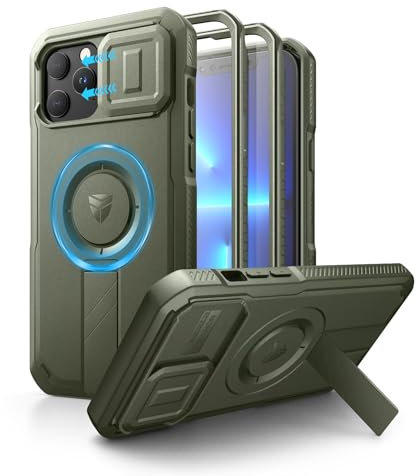 Dexnor Coque pour iPhone 12 Pro Max/13 Pro Max Magnétique avec Couverture de Caméra Coulissante & Support Réglable & Film de Protection D'écran Intégré, Boîtier de Pare Chocs Robuste - Vert Militaire