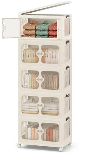 COSTWAY Boîte Rangement Plastique 265 L, 5 Caisses Pliables avec Couvercles, 4 Roulettes, Boite de Rangement Empilable pour Vêtement, Livres, Jouets, Poignée, Porte Magnétique, Montage Facile (265 L)