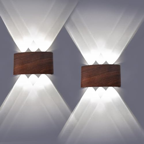 JaneYi Appliques Murales LED Up Down 2 Pièces 6W 6000K Blanc Froid IP65 Étanche Alliage d'Aluminium avec Finition Bois Luminaire Éclairage Mural Intérieur Extérieur pour Chambre Salon Balcon Couloir