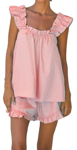 Dam 2 shorts set volang rem linne elastisk midja breda ben shorts pyjamas set damer liten pyjamas