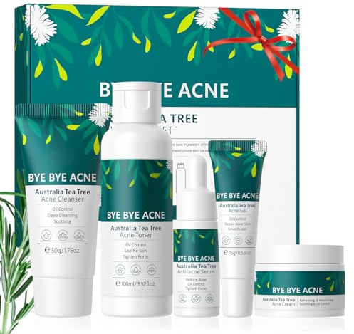 Kit Skincare Routine Anti Acné, Arbre à Thé Ensemble de Soins de la Peau 5 Pièces, Anti-Imperfections Purifiant et Apaisant, Pour Peaux Acnéiques et Tendance Grasse