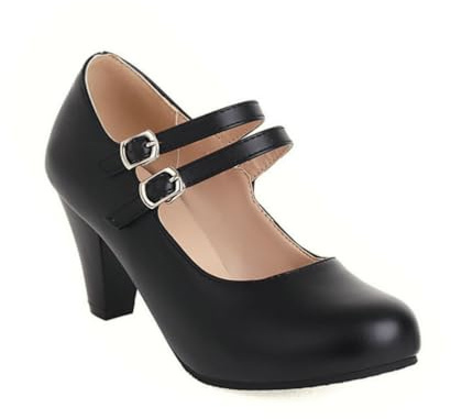 Femmes Mary Jane Block Talons Hauts Cheville Sangle Pompes de fête PU Bout Rond Bureau Travail Robe Chaussures,Noir,36 EU