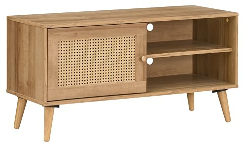Swish Furniture Manila TV Stand Cabinet, 1 Door Open Shelf Storage Unit, Oak & PVC Rattan Wooden Console Table Sideboard, Bohemian Rustic TV Units for Living Room