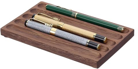 PLIGREAT Walnut Color Desk Pen Stand, 5 Grid Wooden Desk Pen Organizer Holder Minimalist Wave Pencil Rest for Office Stationery Desk Decor Retro Home Bedroom Decoration, 18x10.9x1.4cm