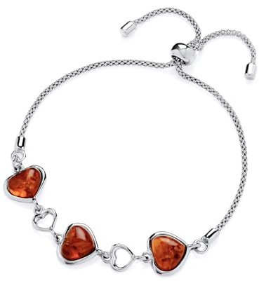 925 Sterling Silver Natural Baltic Amber Heart Pendant Drawstring Toggle Bracelet - Adjustable Womens Bracelet - Silver and Amber Jewellery