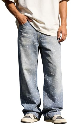 Jeans Baggy Hip hop pour Hommes avec Strass Jeans Skater à Jambe Large Droit Décontracté Vintage Jean Loose Fit Pantalons en Denim à Coupe Loose Y2K Streetwear