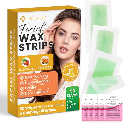 Facial Wax Strips for Hair Removal: Fast Working and Gentle for Face, Eyebrow, Upper Lip, Chin - Hypoallergenic for All Skin Types 50 Waxing Strips with 5 Wipes