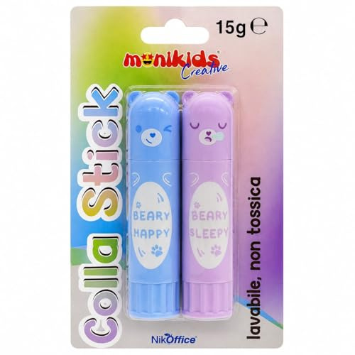 NIKOFFICE Colla Stick Bambini 15g x2 Orsetto Blu Rosa Verde Viola, Lavabile, Adatta per Lavoretti Fai da Te, Colla Scuola Asilo