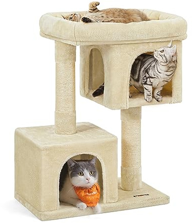 Feandrea Cat Tree Tower, 79.6 cm, 2 Caves, Large Perch, Scratching Post | For Large Cats up to 7 kg, M, Summer Sand, Clawfy Collection PCT61M
