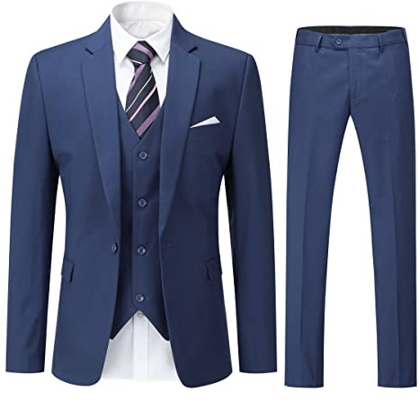 YOUTHUP Herr 3-delad kostym formell business slim fit kostymer 1 knapp solid blazer väst byxor, Navy Blue, XS