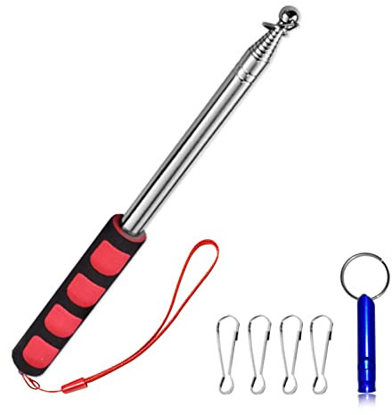 Grantop Kit de mât télescopique - Rouge - Extensible - 2 m - Avec 4 mousquetons bleus - Sifflet - En acier inoxydable - Portable - Pour drapeau de paix, guide de voyage, camping