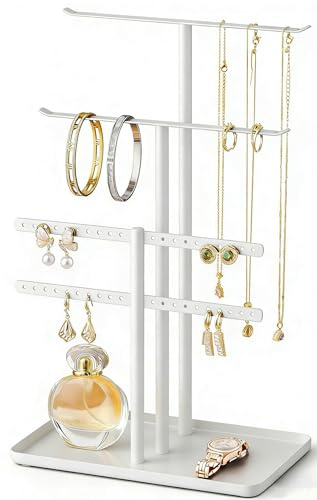 pickpiff White Jewelry Stand Holder Organizer: 12.5 Sturdy Hanger for 80 Pcs Jewelry, Jewlery Tower for Display Necklace, Earring, Bracelet, Watch