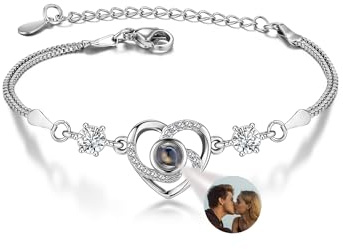 Zysta Projektion Armband Foto Personalisiert Mit Bild im Stein Herz Armkette 100 Sprachen Ich Liebe Dich für Frauen Freundin (Silber - Nur Foto)