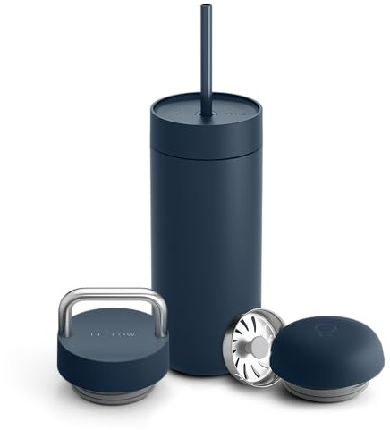 Fellow 16 oz Carter Bundle (3 in 1) Travel Mug with Carry Handle, Move & Cold Lids with Straw - to-Go Coffee Tumbler, Ceramic Interior & Vacuum-Insulated Stainless Steel - Coffee Cups-Stone Blue