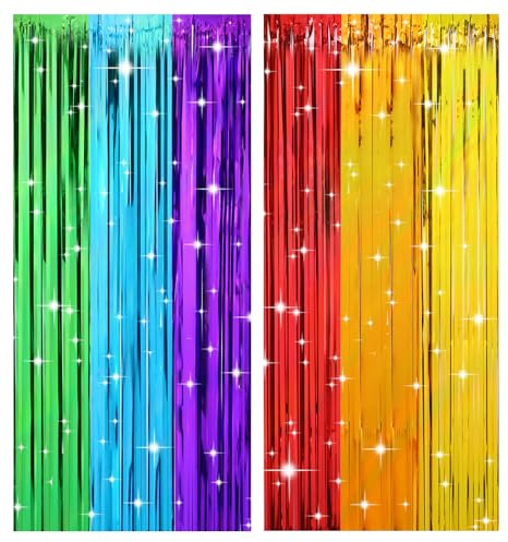 2 tende colorate con brillantini, tinsel stelle filanti, con frange colorate, decorazioni per il compleanno dei bambini, arcobaleno, in tulle per carnevale, compleanno, Natale (1 m x 2 m)