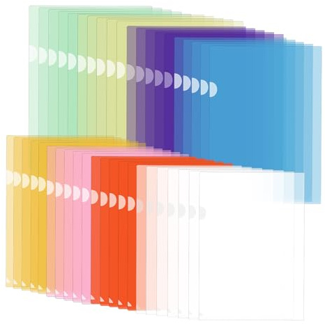 Paquete de 42 fundas A4 abiertas lateralmente – Coloridas fundas para documentos en 8 colores, transparente, carpeta A4 para guardar documentos y papeles de forma segura y ordenada.