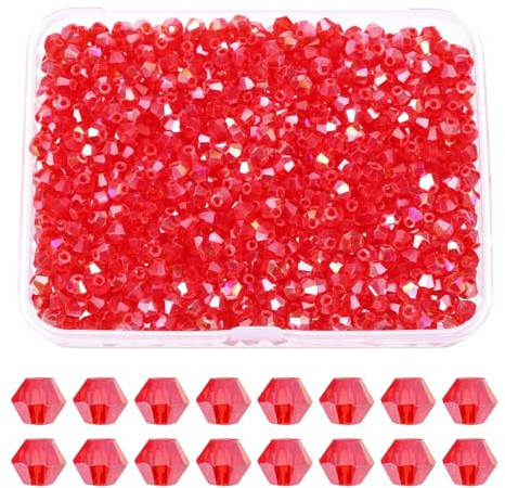PATIKIL fasetterade glaspärlor, 4 mm röd AB 1 000 stycken | Kristallfasetterade pärlor, kristallpärlor att trä upp, dubbla konpärlor med låda för armband, smyckestillverkning