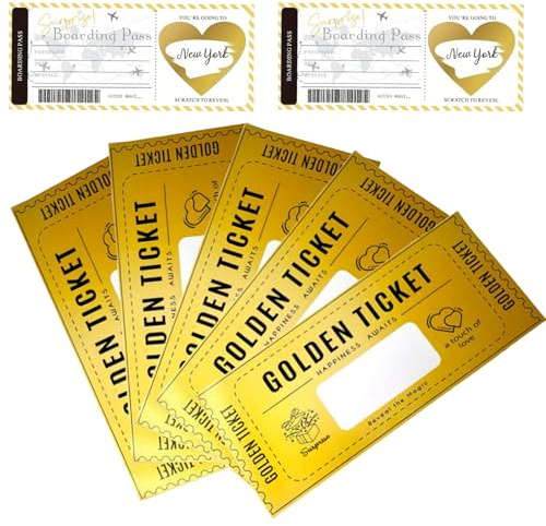 SSKHE 5 tarjetas doradas para rascar, 2 tarjetas de viaje para rascar, tarjetas de regalo de cumpleaños, tarjeta sorpresa como vale de cine, tarjeta de cupón para Navidad, teatro, comida, invitación