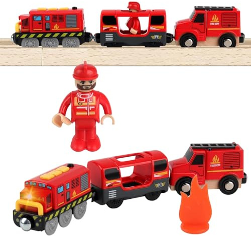 Dhqkqg Holzeisenbahn Zug Feuerwehr-Löschzug, Feuerwehr Leiterfahrzeug mit Licht und Sound, Batteriebetriebener Lokomotivzug, Spielzeugauto für Familie, Rot