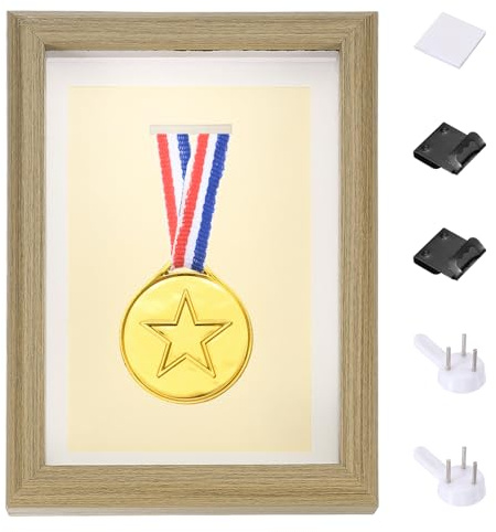 PATIKIL 200x150mm Vetrina Per Medaglie, Cassetta Espositiva Per Medaglie In Legno Con 2 Puntine Da Disegno Gancio 1 Adesivo Per Mostrare Biglietti Foto Medaglie Da Calcio, Legno