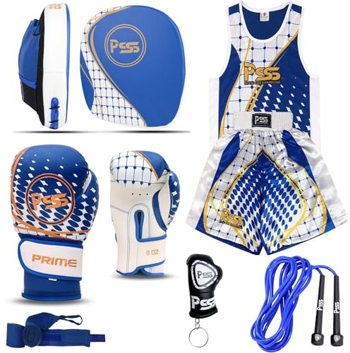 Kids boxing 6 PCS Blue set uniform top & short 1022 boxing gloves 1113 focus pad rope wrap key ring Professional Training accessories kit for MMA Muay thai kickboxing - 6OZ (1113 Blue, 5-6 year)