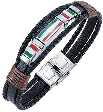 ESTUYOYA - Leather and Stainless Steel Bracelet Triple Italian Flag Design with Anti-Lost Security Clasp Adjustable Size Unisex Lucky Charm