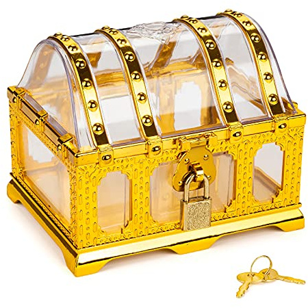 Pemalin Pirate Treasure Chest for Kids Toy, Decorative Transparent Golden Pirate Chest with Lock and Key