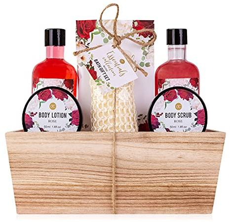 Accentra - duschset kvinnor presentset ros i en träkorg - 6-delat vårdset med duschgel, bubbelbad, badsalt, bodylotion med mera - wellness presentset för födelsedagar, alla hjärtans dag & jul