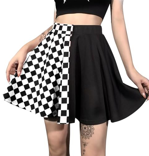 DINGJIUYAN Checkered Skirt-Goth Girl Gothic Black High Waist Grunge Harajuku Punk A-Line Plaid Pleated Skirt Grunge Dark Academy