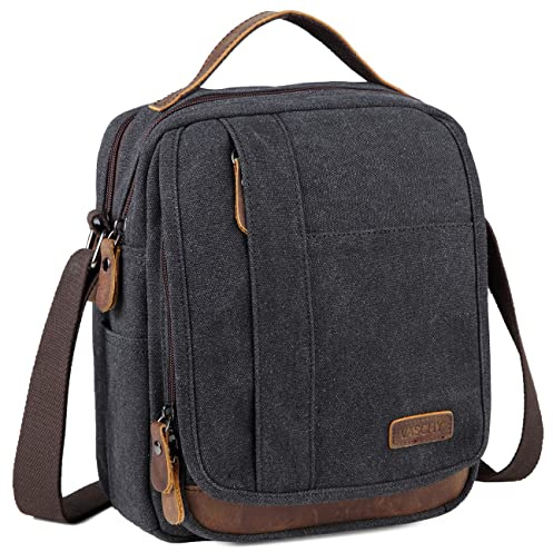 VASCHY Bolso Bandolera Hombre Pequeño de Lona y Cuero, Resistente al Agua, 7,7 L, Cabe iPad 10,2, Bolsillo Trasero Antirrobo, Múltiples Bolsillos, Para Trabajo y Viaje, Gris Oscuro