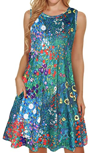 Summer T-Shirt Dress for Women Sleeveless Beach Bohemian Floral Sundress Tunic Swing Casual Loose Pockets(Blue Garden Floral,L)