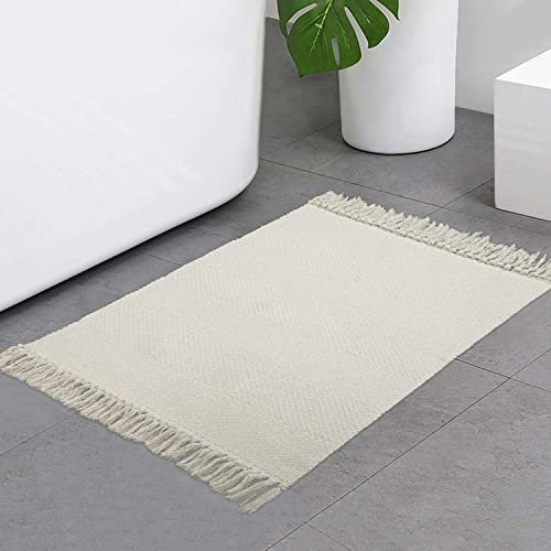 Collive Small Bathroom Rug, 2' x 3' Hand-Woven Low Profile Front Entryway Rug, White/Beige Cotton Reversible Washable Kitchen Mat Modern Farmhouse Carpet for Foyer Bedroom Back Door Decor
