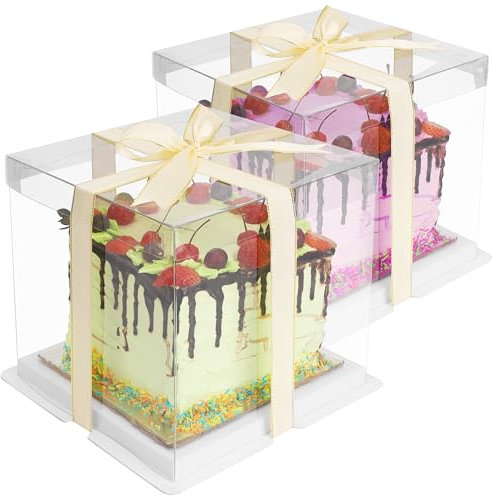 BELLE VOUS 2x transparente Kuchen Geschenke Transportbox 6 inch - 21x21x20cm - Geschenkbox Set durchsichtig mit Deckel - wiederverwendbare Geschenkbox transparent- Cake Boxes - Presentbox
