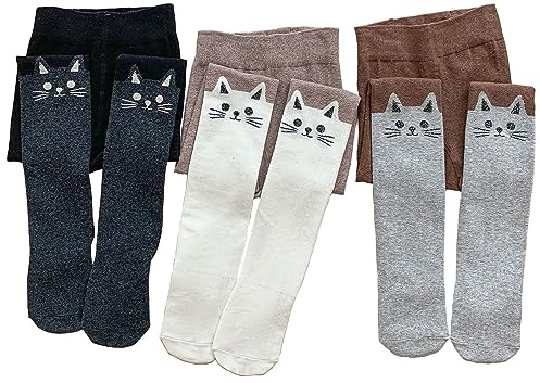 Silkglory Collant Ragazze, 3 Pezzi Collant Neonati con Decorazione Carina Gattino Bicolore,Leggings Calze Senza Cuciture Collant in Cotone Neonato Grigio/Nero/Bianco 9-11 Anni