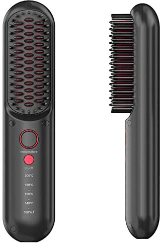 Haarglätter Bürste, Glättbürste Kabellos, Mini Glättungsbürste, Schnelles Aufheizen, Aufladen, 140-200℃ 4 Temperatureinstellungen, Tragbar Hair Straightener Brush zum Reisen für Glätten Feines Haar