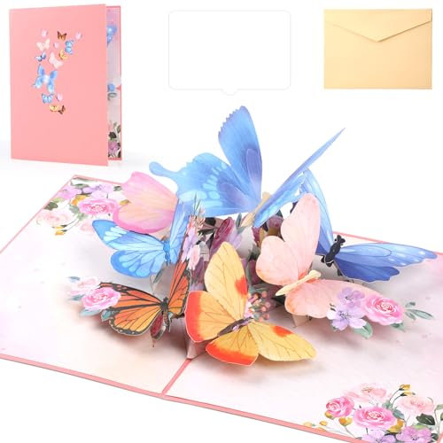 GeeRic 3D Pop Up Grußkarten Schmetterlinge Karte Schmetterlinge auf Blumen - 3D Geburtstagskarte für Frau, Freundin & Mutter - Popup Glückwunschkarte
