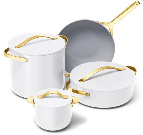 Caraway Cookware+ Collection - Specialty Cookware Set - Petite Cooker, Stir Fry Pan, Rondeau, & Stock Pot - 3 Lids & Storage Organizer Included - White