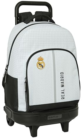 Real Madrid 1ª EQUIPACIÓN 24/25 - Mochila Grande con Ruedas, Compacta, Extraíble, Ideal para Niños de Diferentes Edades, Cómoda y Versátil, Calidad y Resistencia, 33x22x45 cm, Color Blanco/Gris