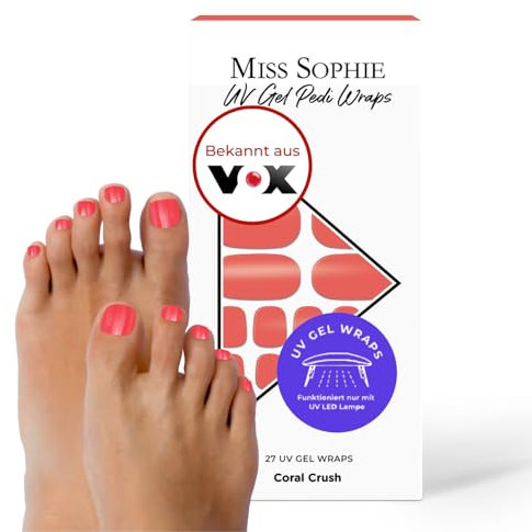 Original Miss Sophie UV Gel Pedi Wraps Coral Crush I Nagelfolien für UV Pedicure I 27 Stück UV-Gel-Pediküre Wraps einfarbig I Nagelsticker für Fußnägel I Pediküre Nagelfolien